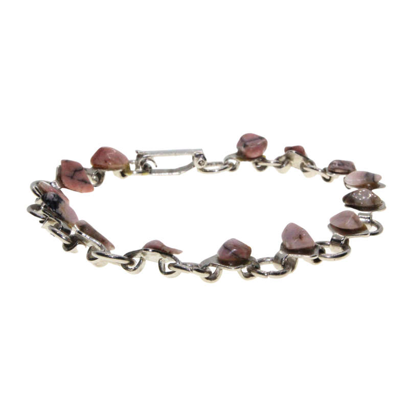 Bracelet - Silver Tone Linked Chain. Pink Mottled Stones - ML2977