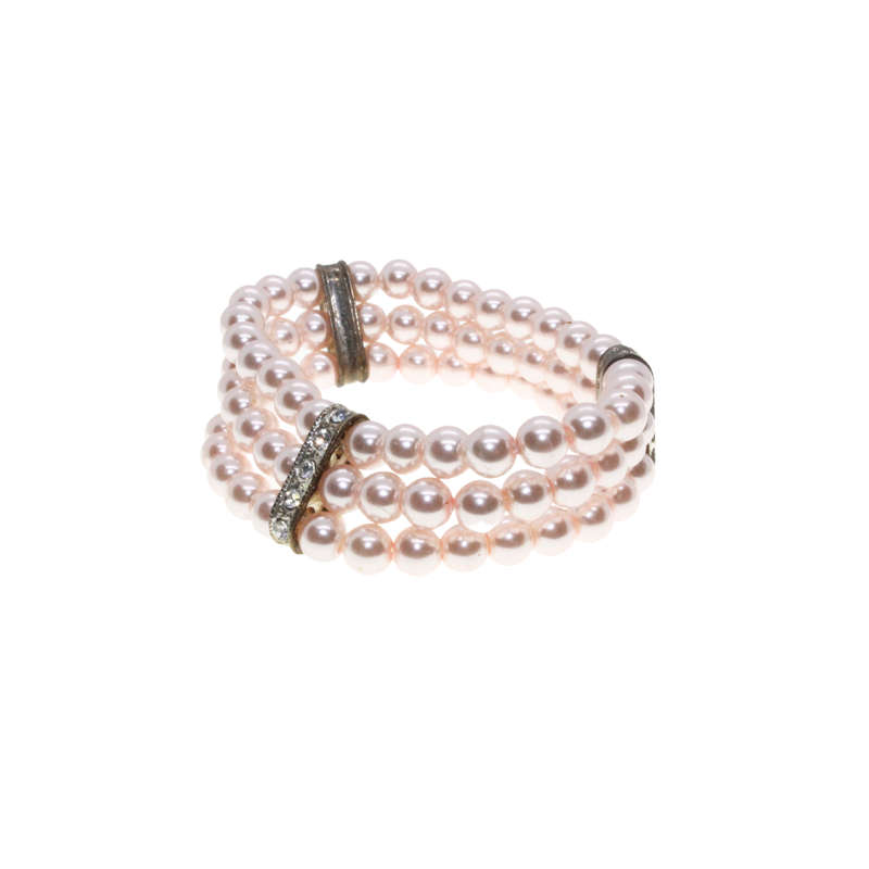 Bracelet  - Silver Tone 3 Layered Pink Faux Pearls with 3 Diamante Strips. Stretchable. - ML2995