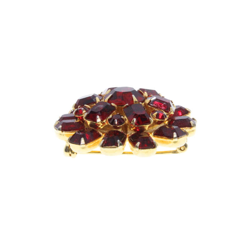 Brooch - Gold Tone. Red Rhinestones in different Shapes and Sizes. Flower Shape - ML2988