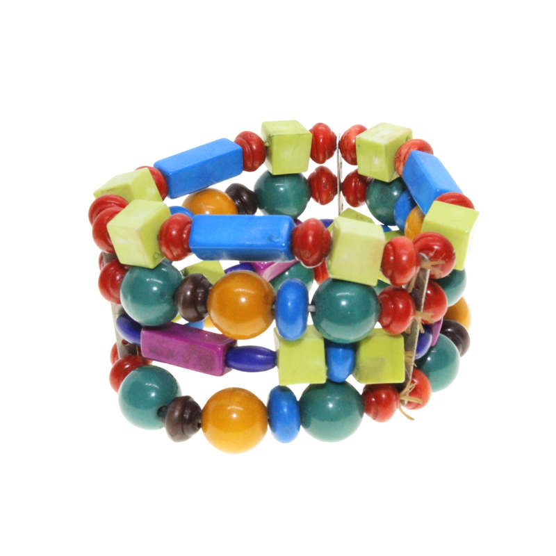Bracelet - Silver Tone 4 Strand Colourful Playful Block Beads - ML2998