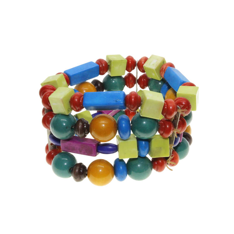 Bracelet - Silver Tone 4 Strand Colourful Playful Block Beads - ML2998