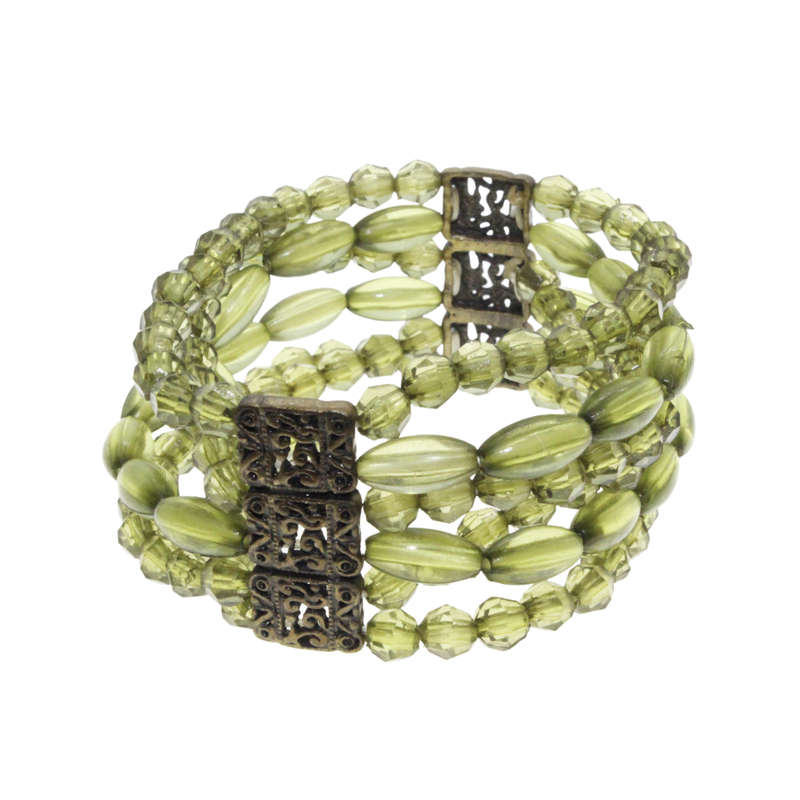 Bracelet - Copper Tone 6 Strand Green Beaded Bracelet. 2 Copper Tribal Beads - ML2999