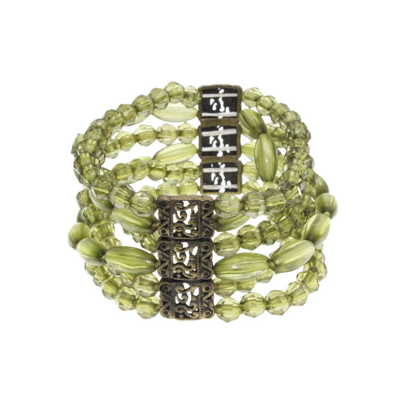 Bracelet - Copper Tone 6 Strand Green Beaded Bracelet. 2 Copper Tribal Beads - ML2999