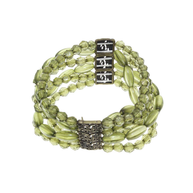 Bracelet - Copper Tone 6 Strand Green Beaded Bracelet. 2 Copper Tribal Beads - ML2999