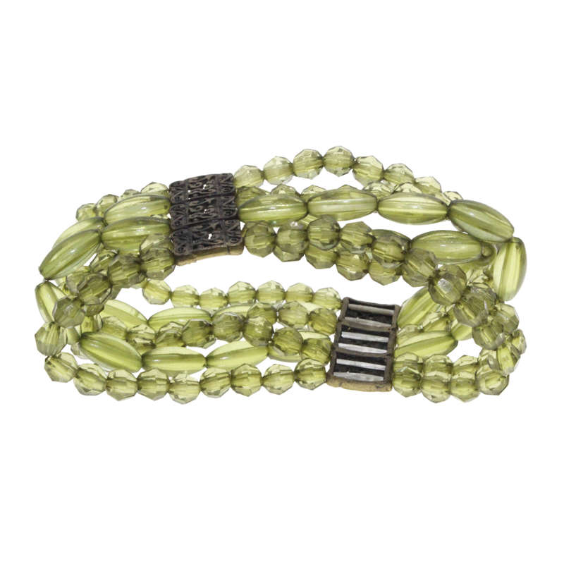 Bracelet - Copper Tone 6 Strand Green Beaded Bracelet. 2 Copper Tribal Beads - ML2999