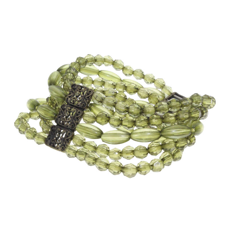 Bracelet - Copper Tone 6 Strand Green Beaded Bracelet. 2 Copper Tribal Beads - ML2999