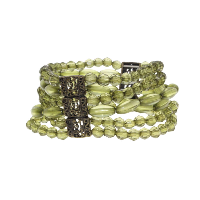 Bracelet - Copper Tone 6 Strand Green Beaded Bracelet. 2 Copper Tribal Beads - ML2999
