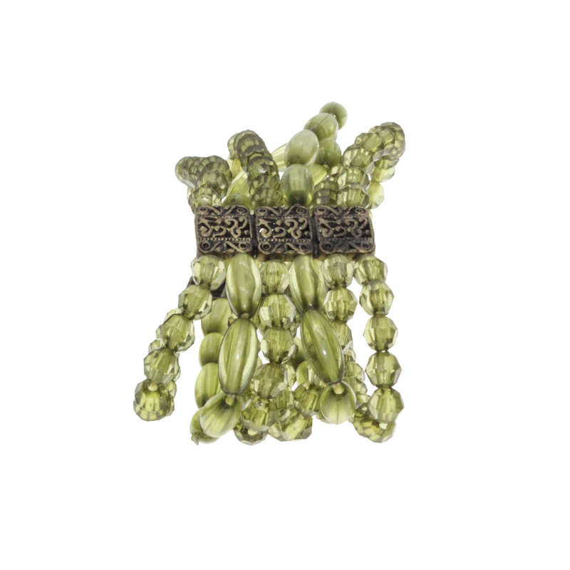 Bracelet - Copper Tone 6 Strand Green Beaded Bracelet. 2 Copper Tribal Beads - ML2999