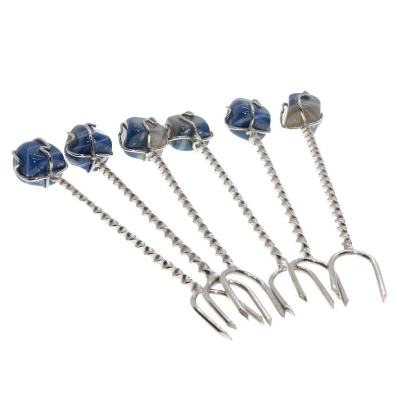 Antique - 6 x Silver Tone Small Fork Set - Uruguay. Colour Bue Gemstones ontop - ML3005