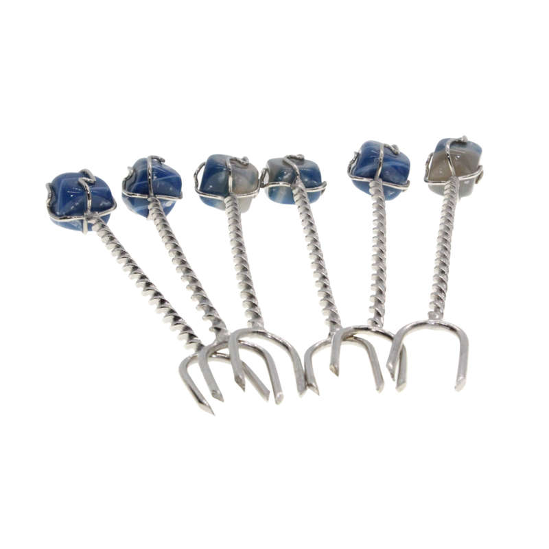 Antique - 6 x Silver Tone Small Fork Set - Uruguay. Colour Bue Gemstones ontop - ML3005