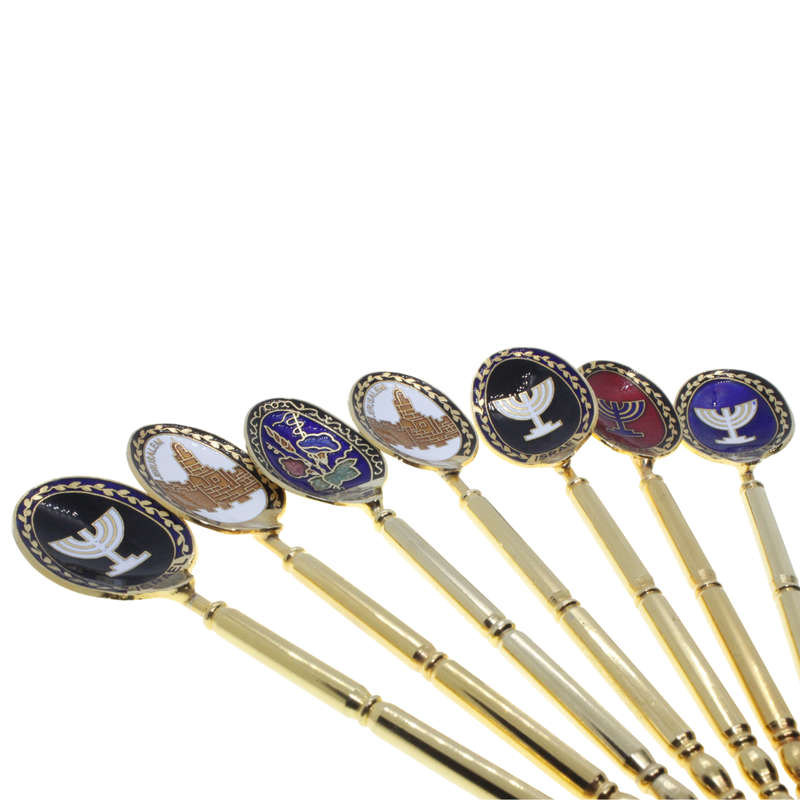 Judaica -Stainless Steel and Enamel Teasoons Israel/Jerusalem x 6 - ML3007