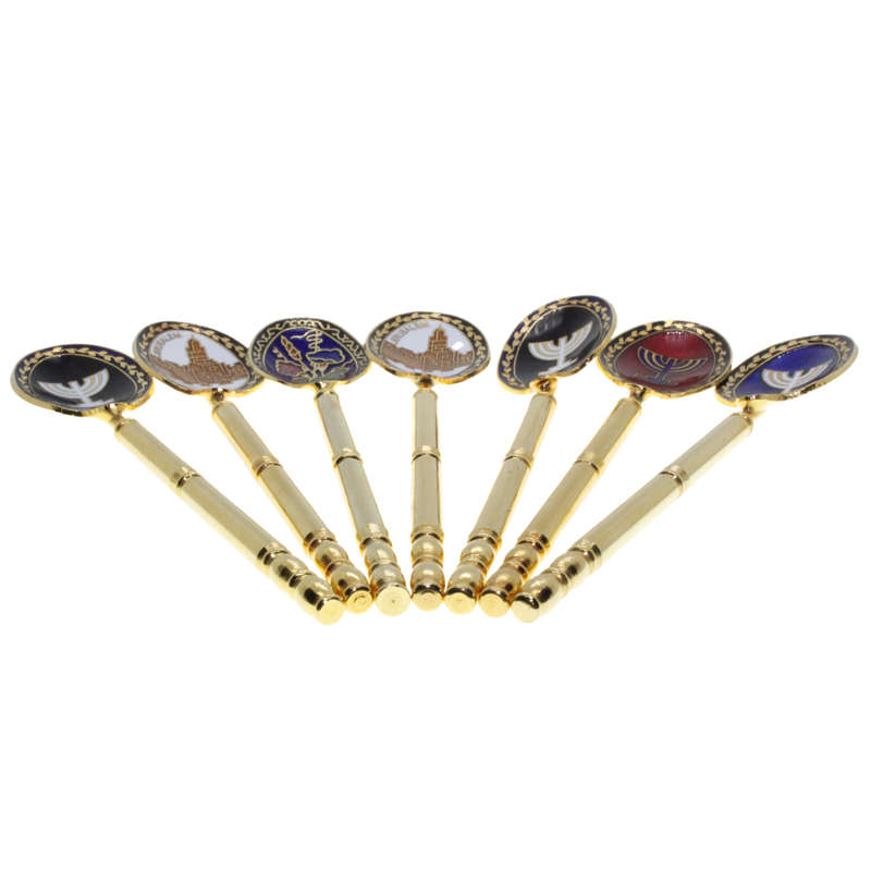 Judaica -Stainless Steel and Enamel Teasoons Israel/Jerusalem x 6 - ML3007