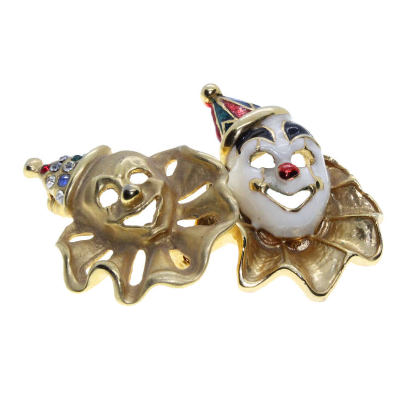 Brooch - 2 x Gold Tone Vintage Clown Brooch. Hat has Colourful Diamantes. Colourful Enamel - ML3008