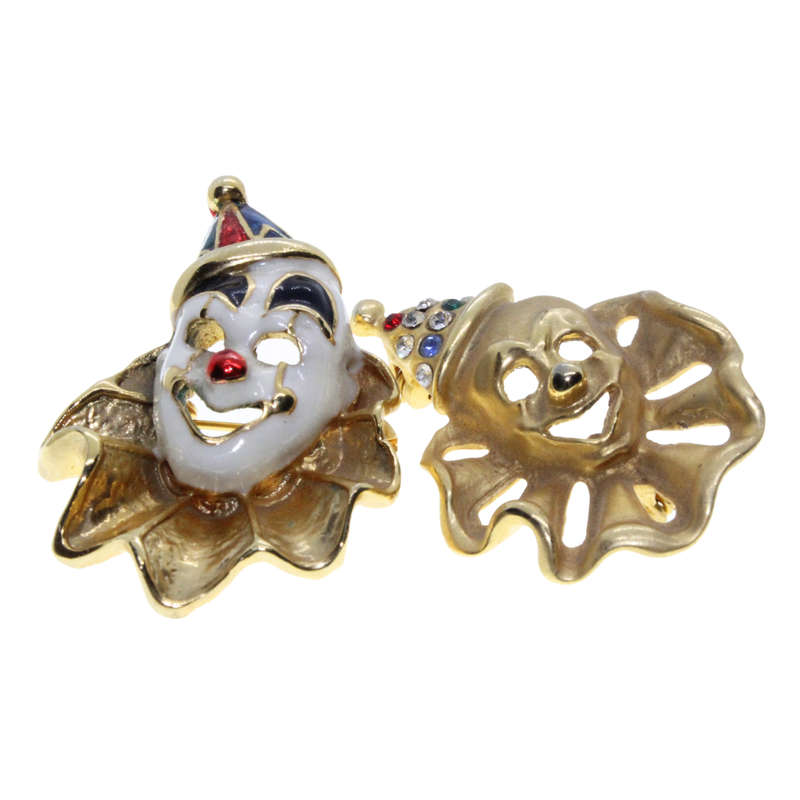 Brooch - 2 x Gold Tone Vintage Clown Brooch. Hat has Colourful Diamantes. Colourful Enamel - ML3008