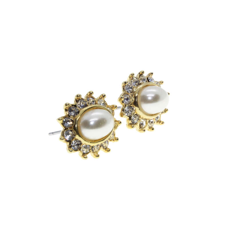 Earrings - Gold Tone Dainty Earrings. Centre Faux Pearl surrounded by Diamantes - ML3011