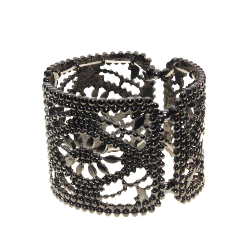 Bangle - Gun Metal Tone Wide Chunky Adjustable Bangle. 3 Sections with Flower Centre - ML3012