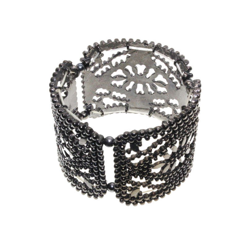 Bangle - Gun Metal Tone Wide Chunky Adjustable Bangle. 3 Sections with Flower Centre - ML3012