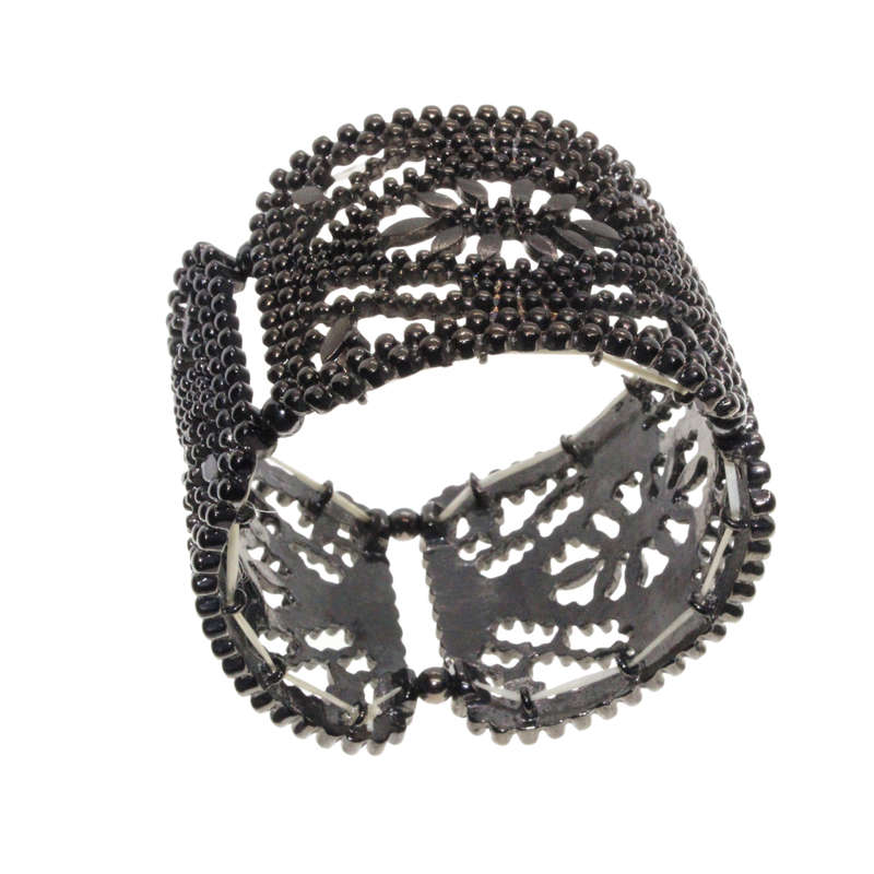 Bangle - Gun Metal Tone Wide Chunky Adjustable Bangle. 3 Sections with Flower Centre - ML3012