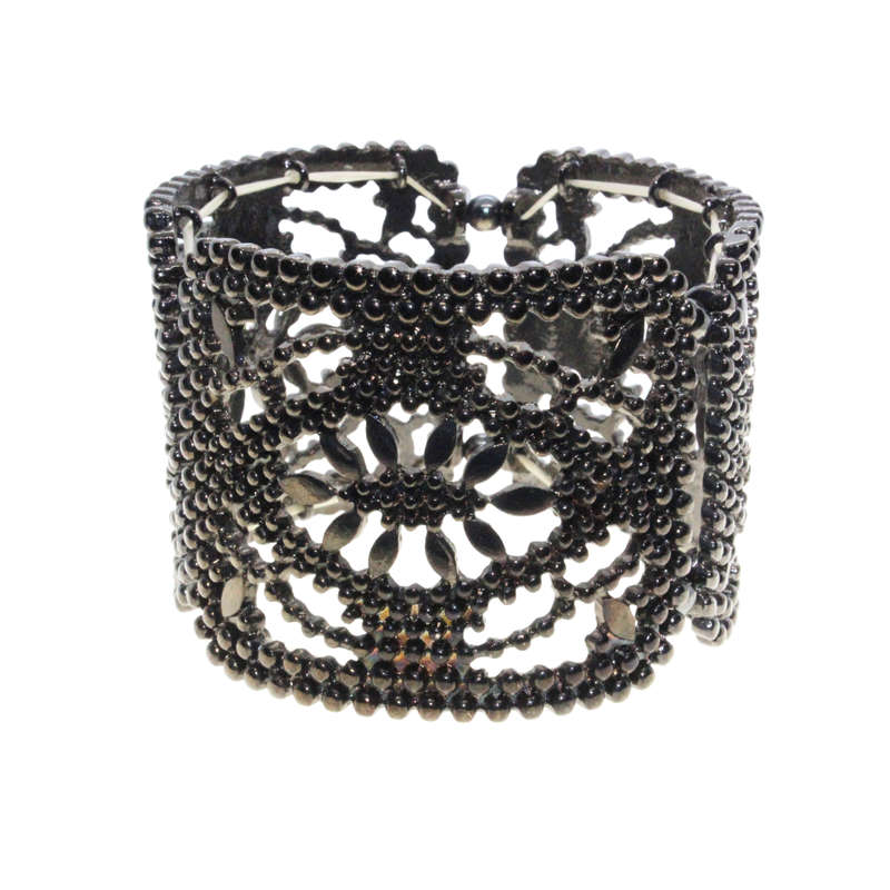 Bangle - Gun Metal Tone Wide Chunky Adjustable Bangle. 3 Sections with Flower Centre - ML3012