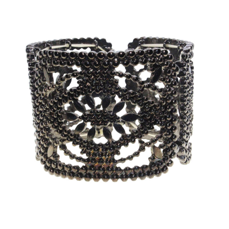 Bangle - Gun Metal Tone Wide Chunky Adjustable Bangle. 3 Sections with Flower Centre - ML3012