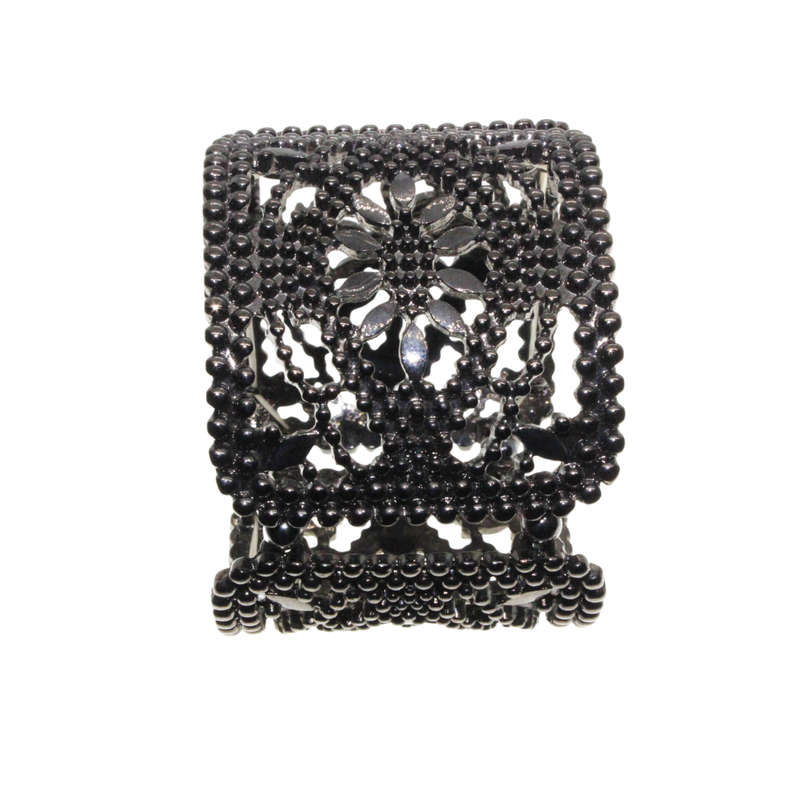 Bangle - Gun Metal Tone Wide Chunky Adjustable Bangle. 3 Sections with Flower Centre - ML3012