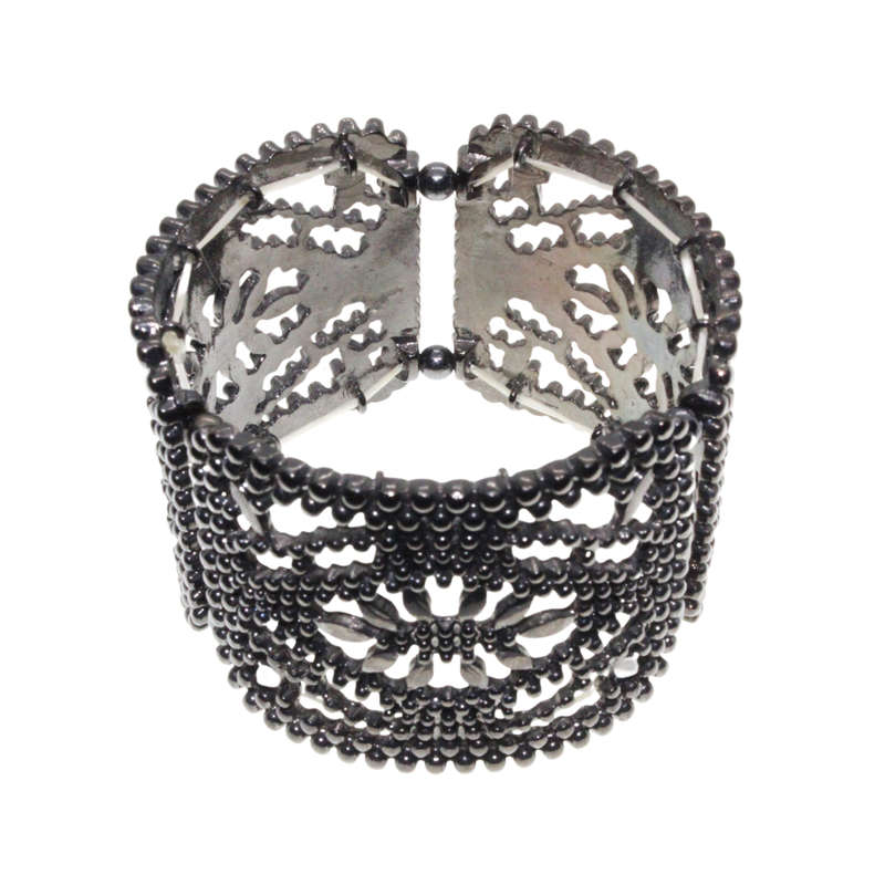Bangle - Gun Metal Tone Wide Chunky Adjustable Bangle. 3 Sections with Flower Centre - ML3012