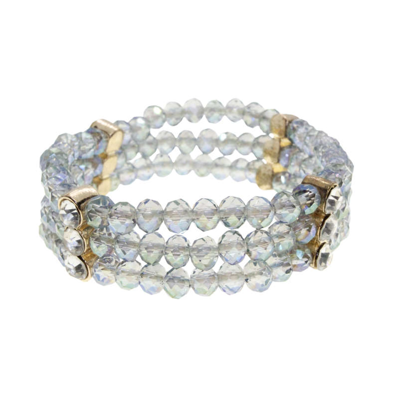 Bracelet - Silver Tone 3 Strand Ocean Blue Beaded Bracelet. Adjustable. 12 Diamantes - ML3016