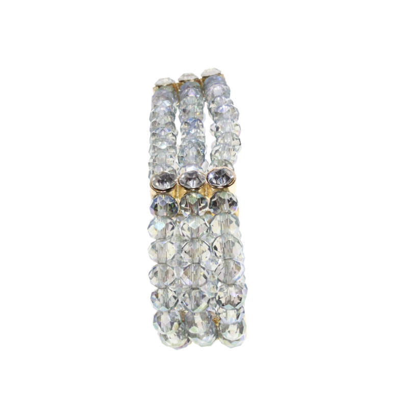 Bracelet - Silver Tone 3 Strand Ocean Blue Beaded Bracelet. Adjustable. 12 Diamantes - ML3016