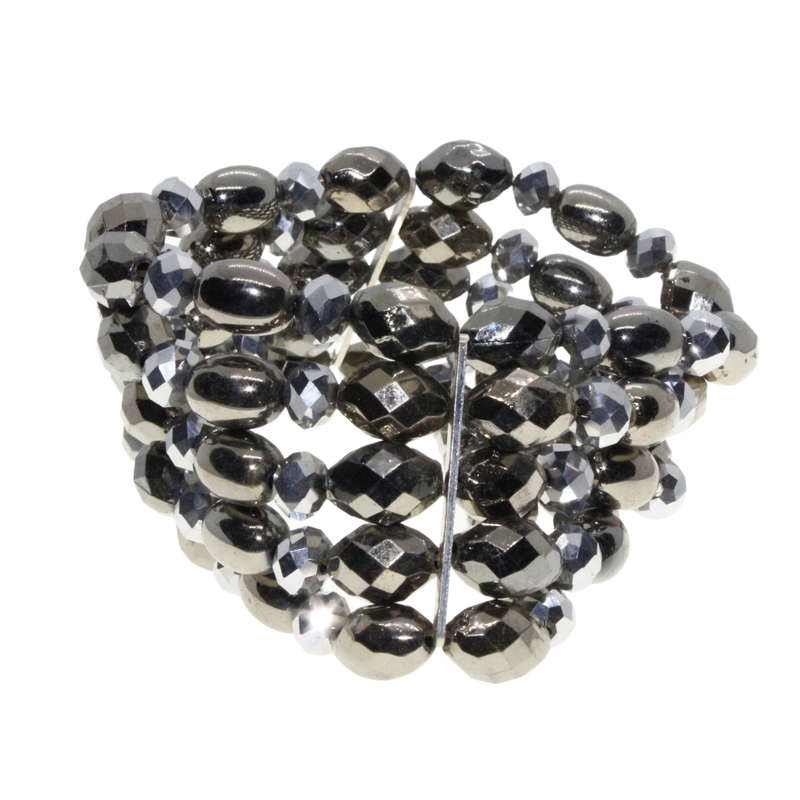 Bracelet - Gun Metal Tone 5 Strand Beaded Stretchy Bracelet. Shiny & Bedazzled Fashion - ML3017