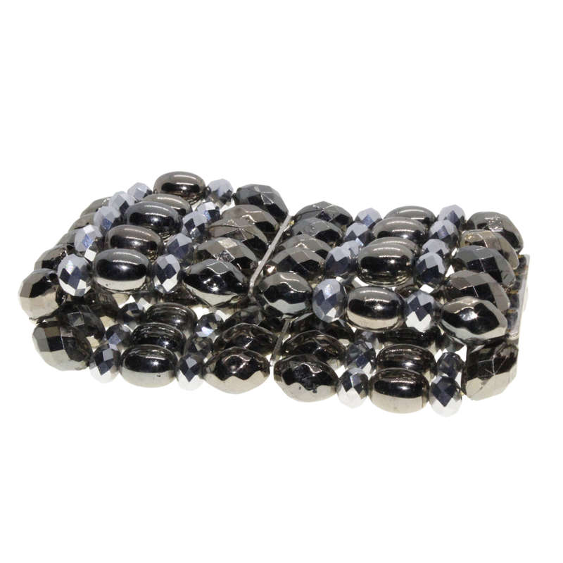 Bracelet - Gun Metal Tone 5 Strand Beaded Stretchy Bracelet. Shiny & Bedazzled Fashion - ML3017