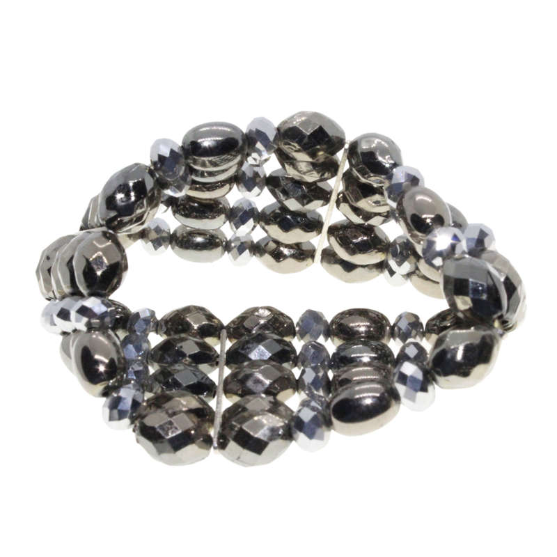 Bracelet - Gun Metal Tone 5 Strand Beaded Stretchy Bracelet. Shiny & Bedazzled Fashion - ML3017