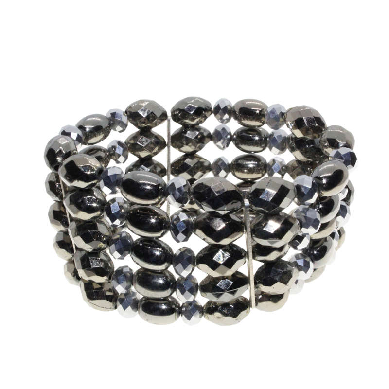Bracelet - Gun Metal Tone 5 Strand Beaded Stretchy Bracelet. Shiny & Bedazzled Fashion - ML3017