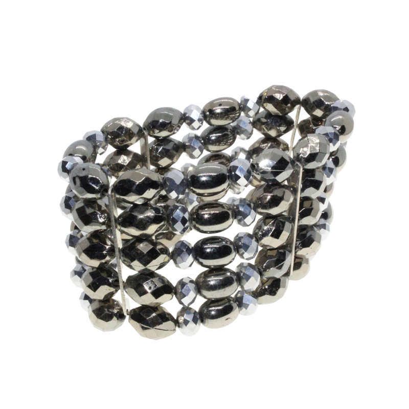 Bracelet - Gun Metal Tone 5 Strand Beaded Stretchy Bracelet. Shiny & Bedazzled Fashion - ML3017