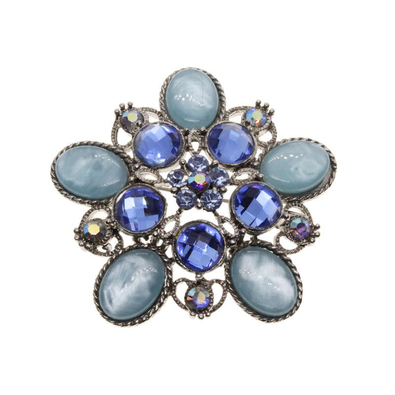 Brooch - Silver Tone Floral Design. Multiple Shades of Blue Diamantes & Glass Beads - ML3018