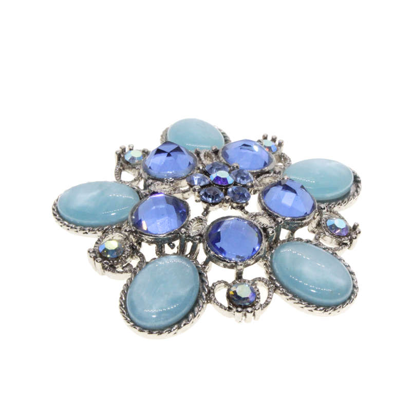 Brooch - Silver Tone Floral Design. Multiple Shades of Blue Diamantes & Glass Beads - ML3018