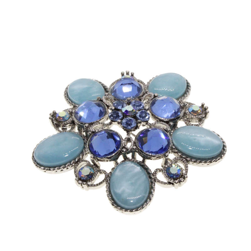Brooch - Silver Tone Floral Design. Multiple Shades of Blue Diamantes & Glass Beads - ML3018