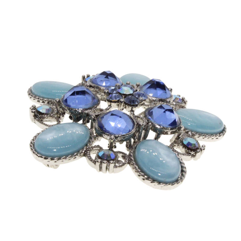 Brooch - Silver Tone Floral Design. Multiple Shades of Blue Diamantes & Glass Beads - ML3018