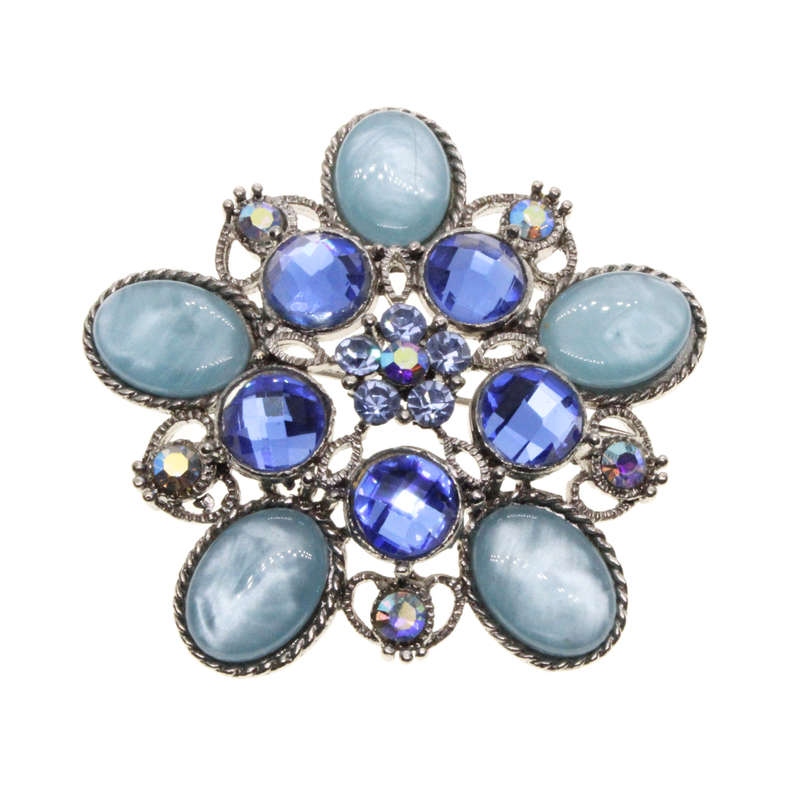 Brooch - Silver Tone Floral Design. Multiple Shades of Blue Diamantes & Glass Beads - ML3018