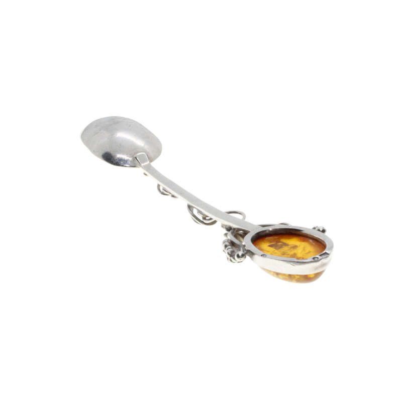 Antique - 925 Silver Jam Spoon stamped AD. Twisted Stem grapes/leaves with large Amber Stone - ML...