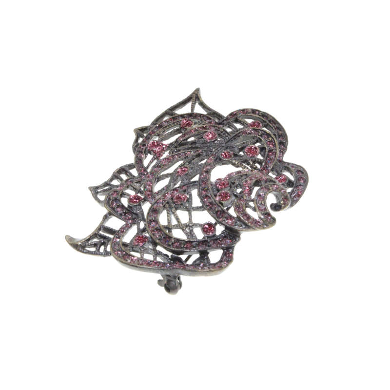 Brooch - Vintage Floral Brooch with Pink Rhinestones and Pink Glitter - ML3030