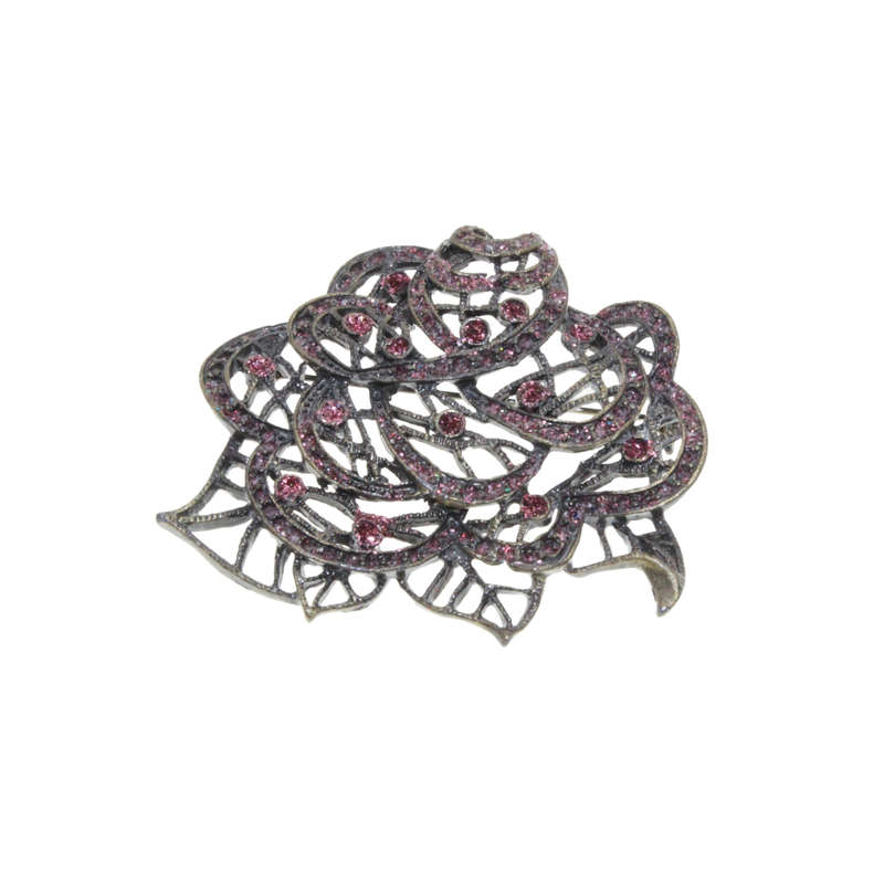 Brooch - Vintage Floral Brooch with Pink Rhinestones and Pink Glitter - ML3030
