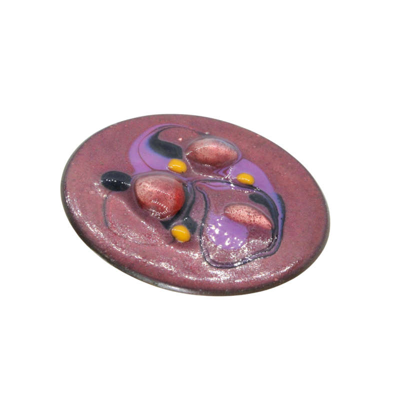 Brooch - Glazed Pottery Brooch. Raised coloured stones. Leather Back - ML3031