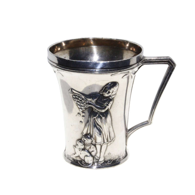 Antiques - Worn Engraved Silver Cup with handle. Stamped. Girl feeding Food to Cats - ML3036