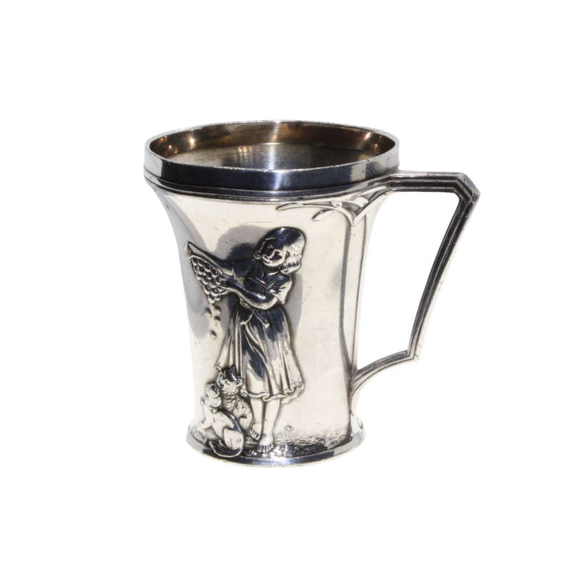 Antiques - Worn Engraved Silver Cup with handle. Stamped. Girl feeding Food to Cats - ML3036