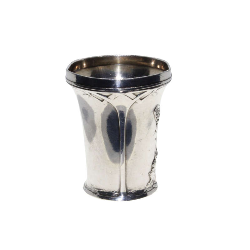 Antiques - Worn Engraved Silver Cup with handle. Stamped. Girl feeding Food to Cats - ML3036