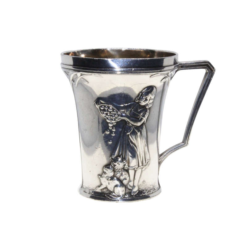 Antiques - Worn Engraved Silver Cup with handle. Stamped. Girl feeding Food to Cats - ML3036