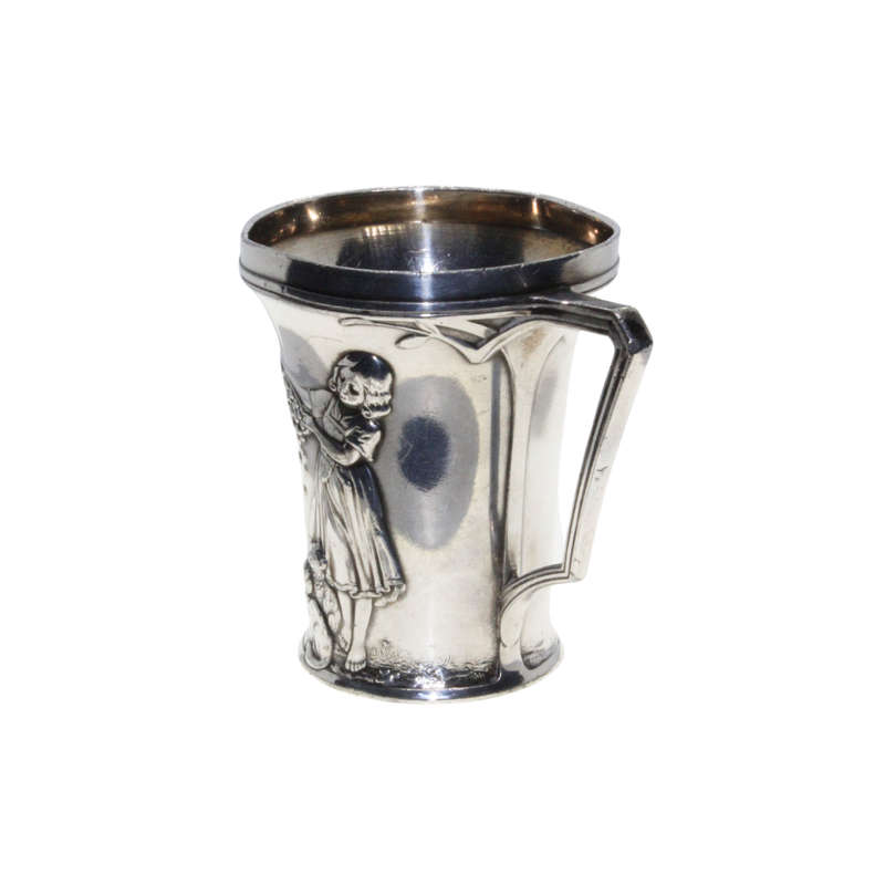 Antiques - Worn Engraved Silver Cup with handle. Stamped. Girl feeding Food to Cats - ML3036