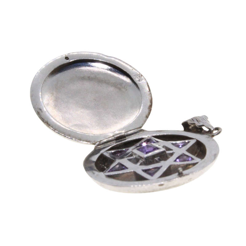 Pendant - 925 Silver Locket. Vintage Magen David Inside. Amethyst Stones - ML3047