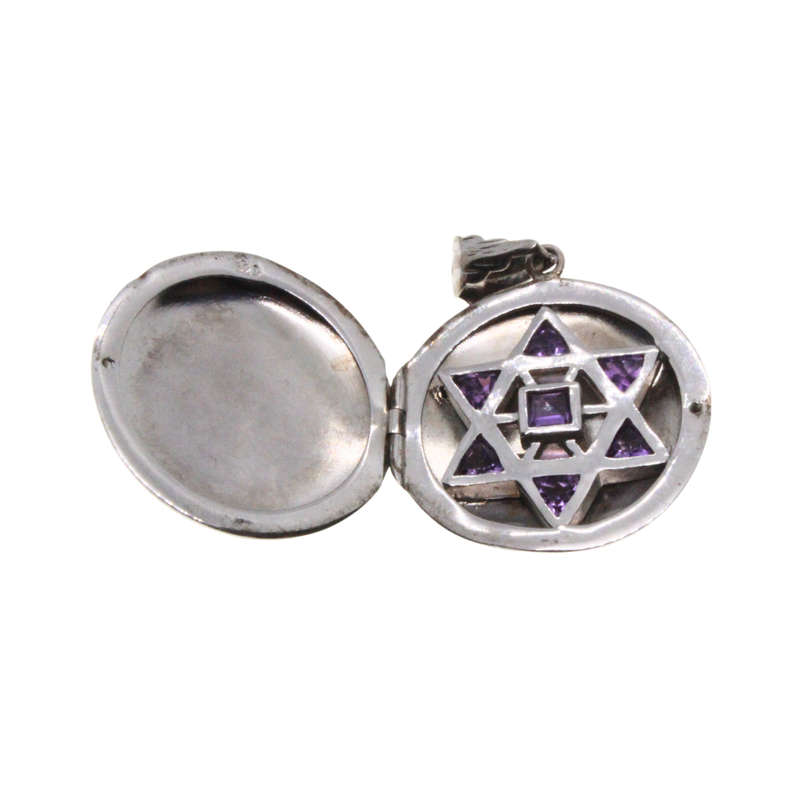 Pendant - 925 Silver Locket. Vintage Magen David Inside. Amethyst Stones - ML3047
