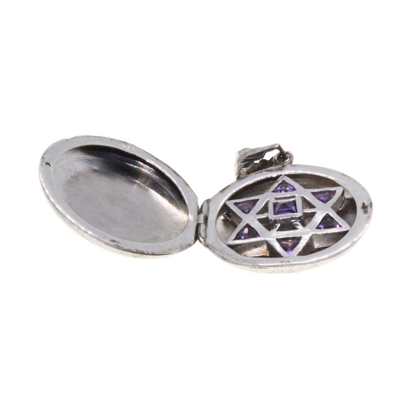 Pendant - 925 Silver Locket. Vintage Magen David Inside. Amethyst Stones - ML3047